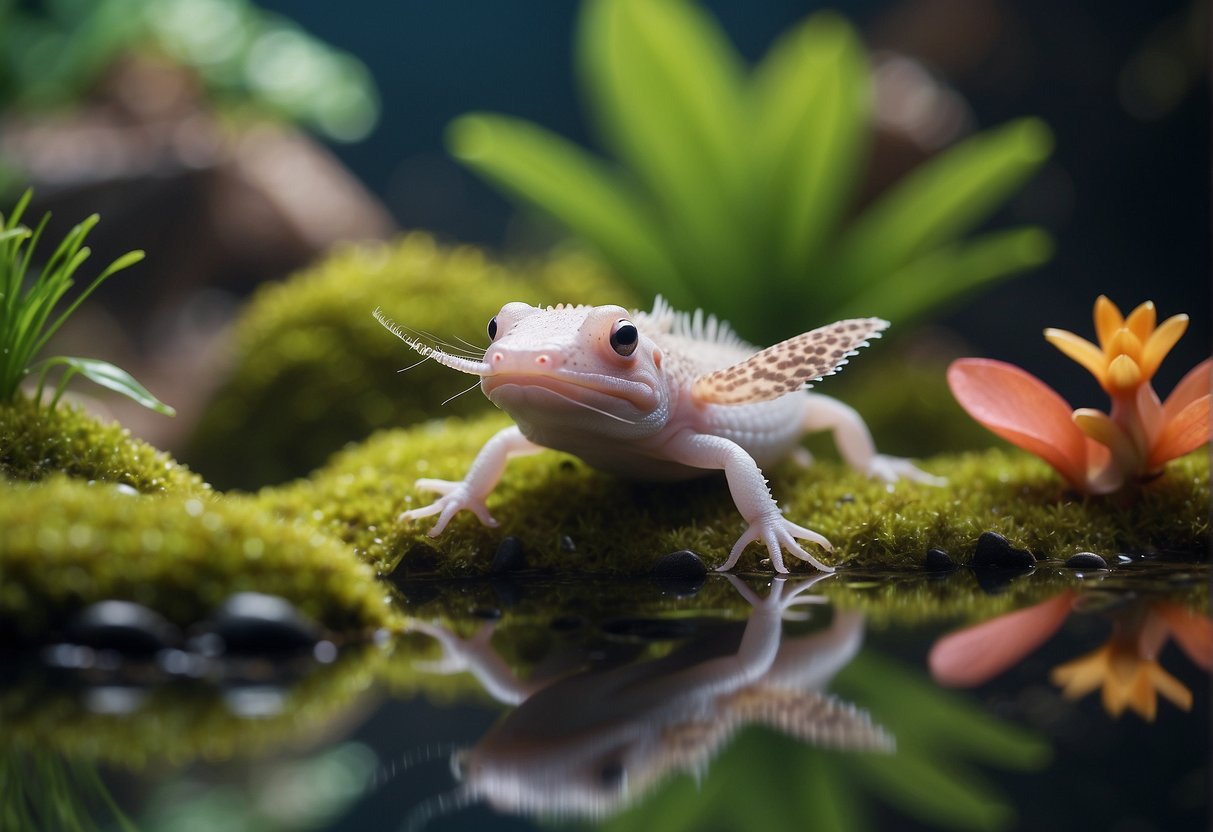 An axolotl swims gracefully in a clear, moss-covered pond, surrounded by vibrant aquatic plants and colorful pebbles. A gentle stream of bubbles rises from the axolotl's gills as it explores its natural habitat