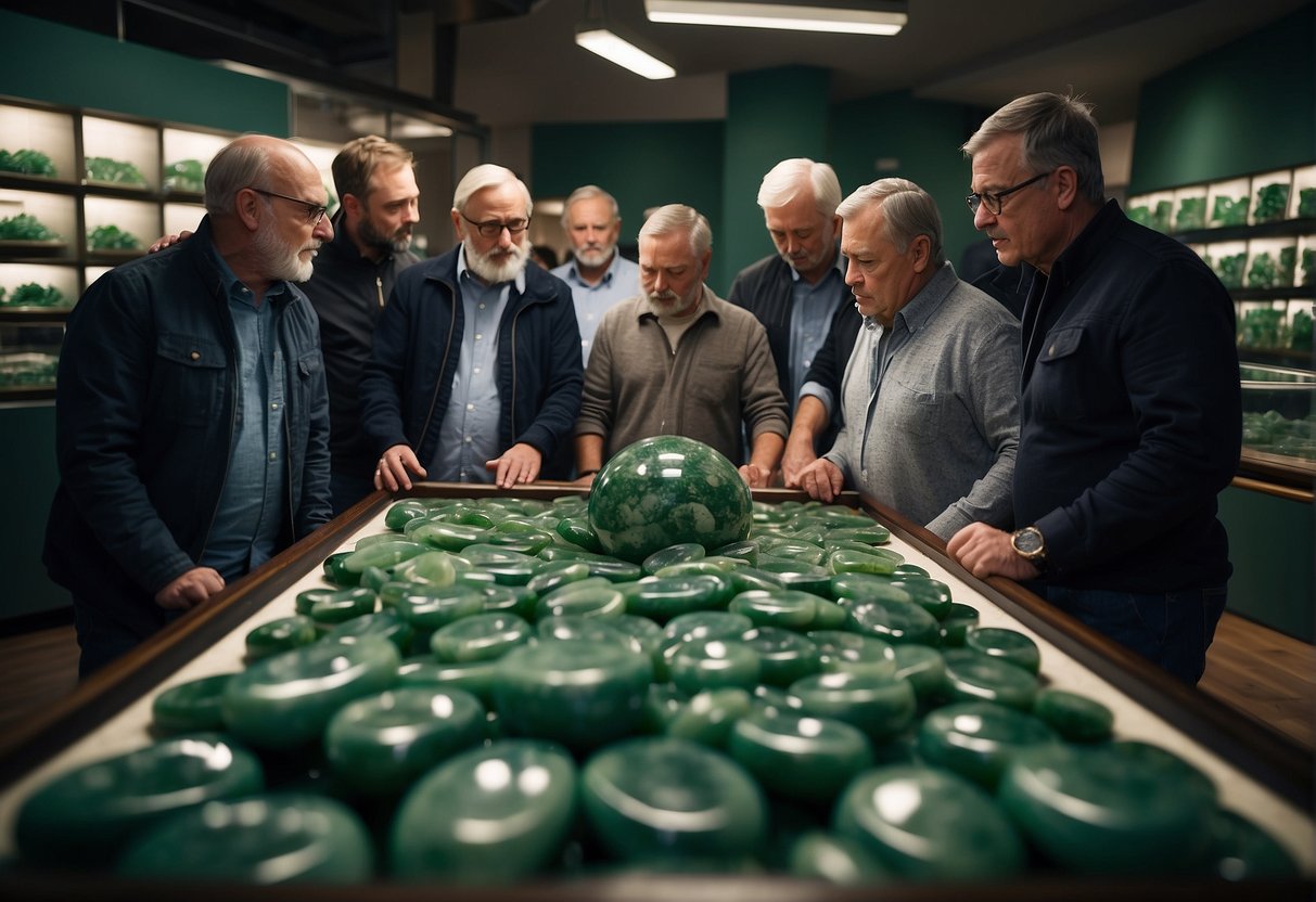 A group of collectors and enthusiasts gather around a display of Baltic Sea jade