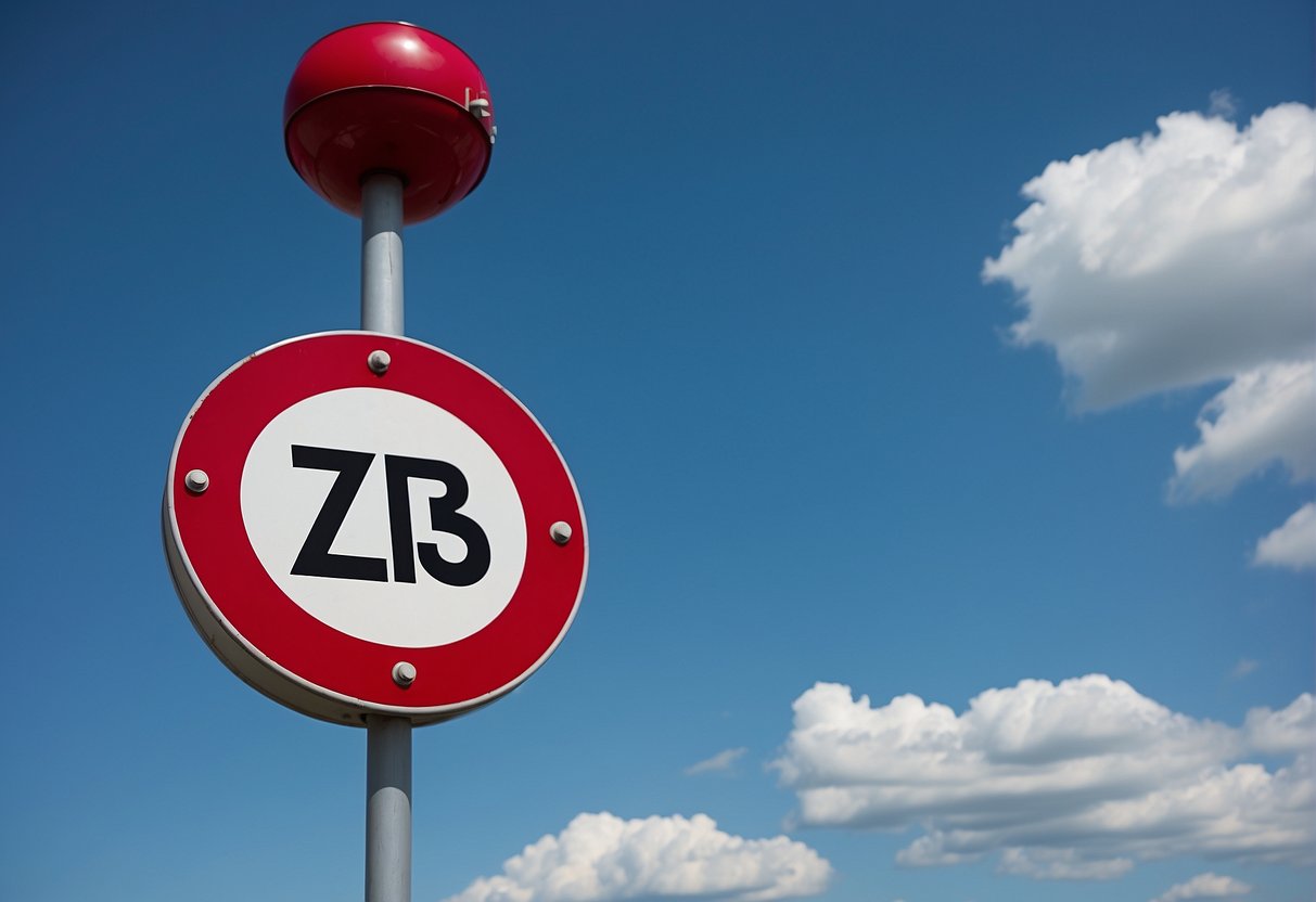 A red and white "kennzeichen zs" sign on a metal pole against a clear blue sky