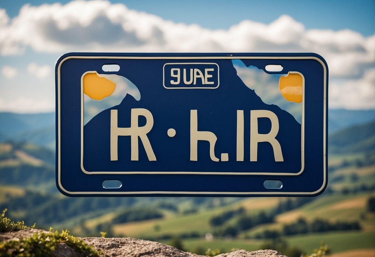 A European license plate with the letters "HR" in bold, against a backdrop of a clear blue sky and rolling hills