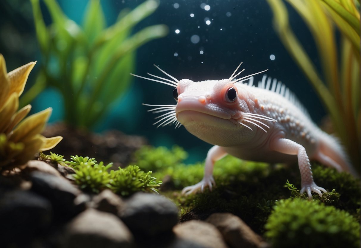 An axolotl swims gracefully in a spacious, well-lit aquarium, surrounded by lush aquatic plants and colorful rocks