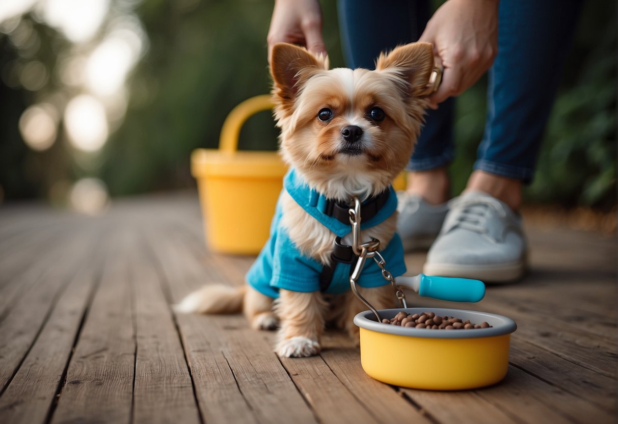 A dog owner holds a leash with a poop bag dispenser attached. A dog bowl, chew toys, and a brush sit nearby