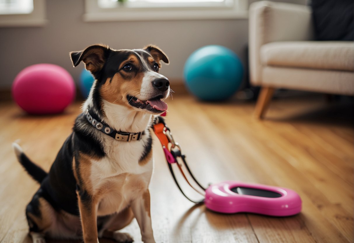 A dog is wearing a training collar and leash, while a treat dispenser and clicker are nearby. A variety of toys and agility equipment are scattered around the room