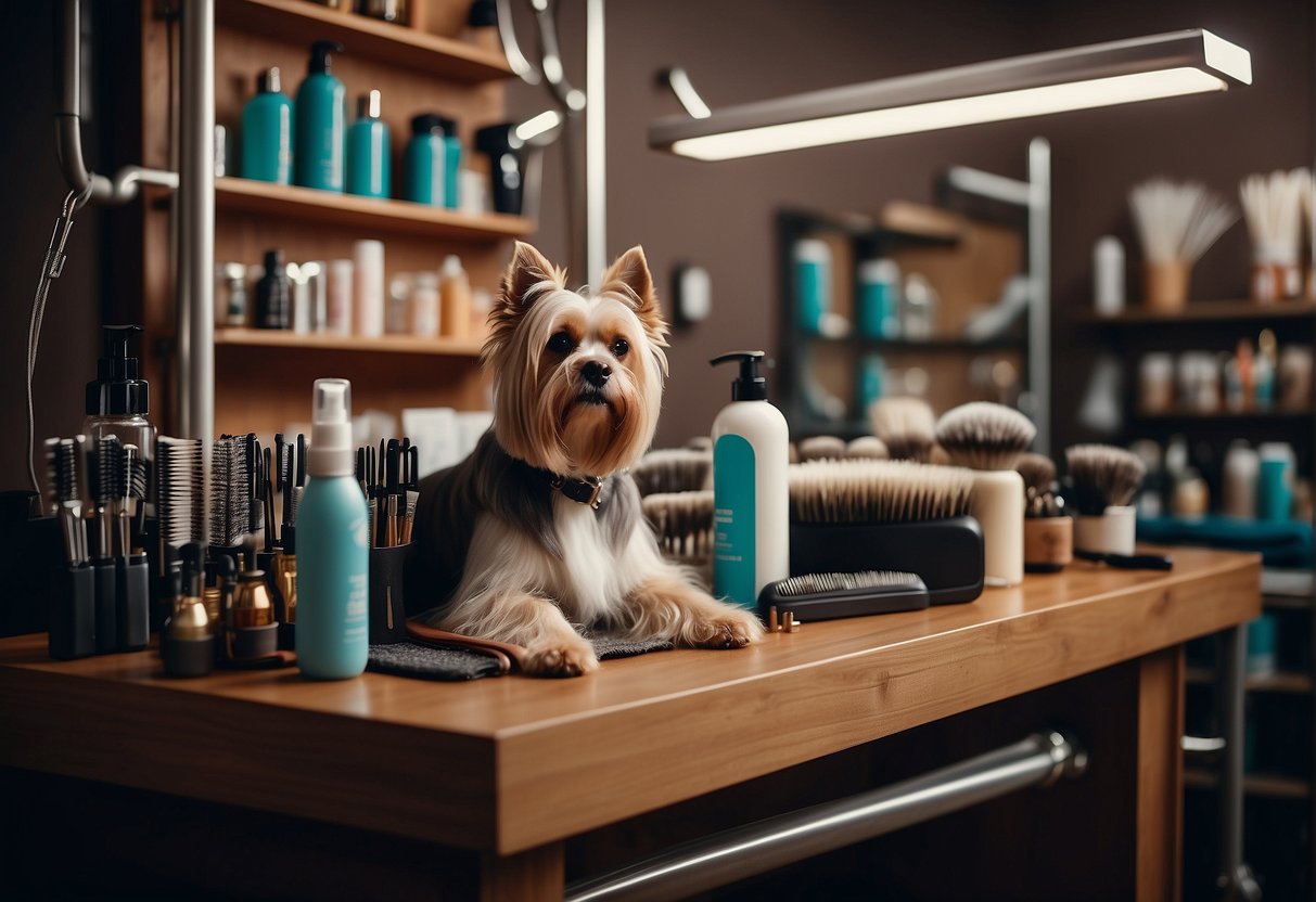 A dog grooming table with brushes, combs, and shampoos neatly organized on shelves. A variety of leashes, collars, and grooming tools are hanging on hooks