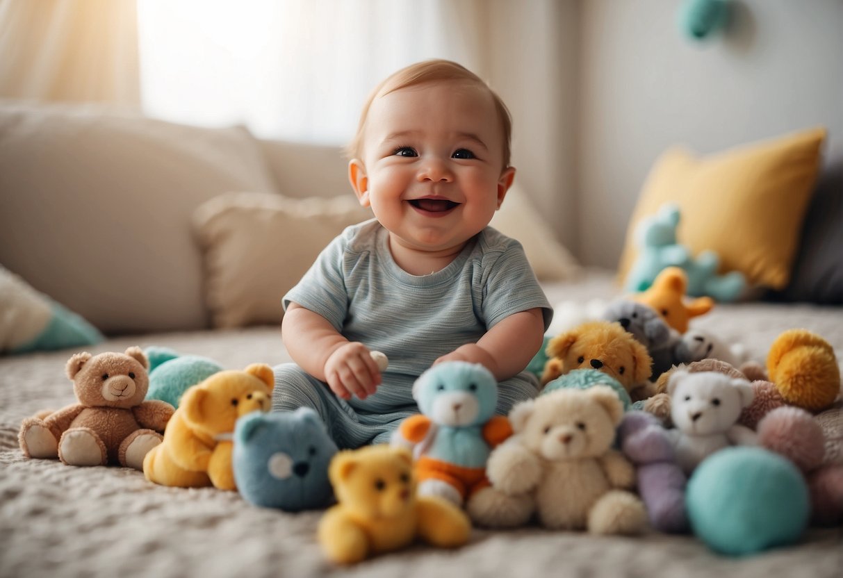 A smiling baby playing with a Tonie figurine, surrounded by colorful toys and a soft, cozy blanket