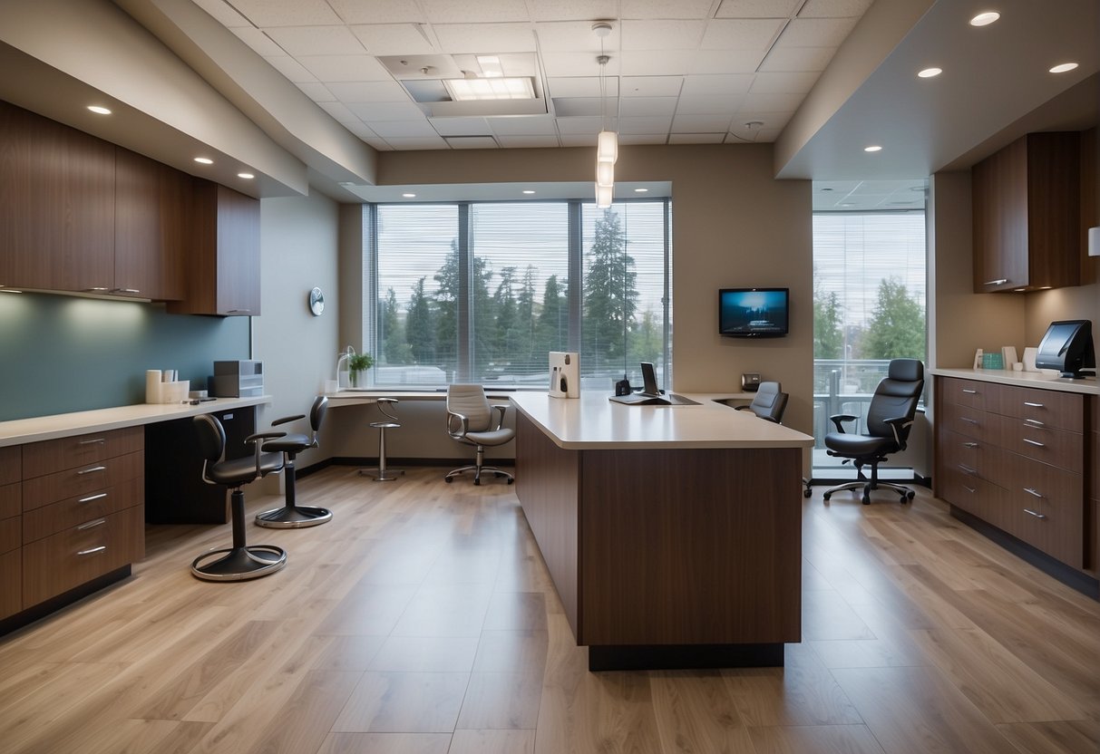 A dental office with a reception desk, chairs, and dental equipment. Bright lighting and clean, modern decor