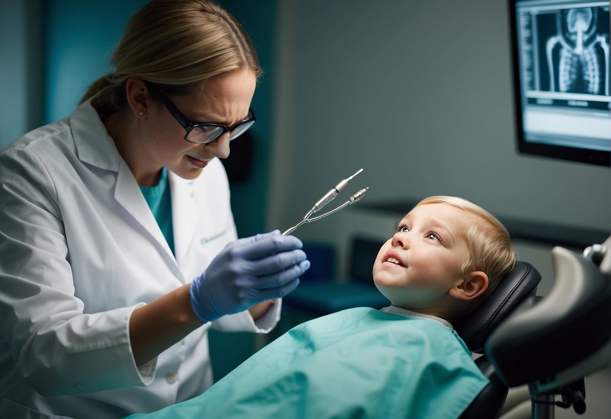 A child sits in a dentist's chair as a dental professional performs a palatal expansion procedure using specialized tools and equipment