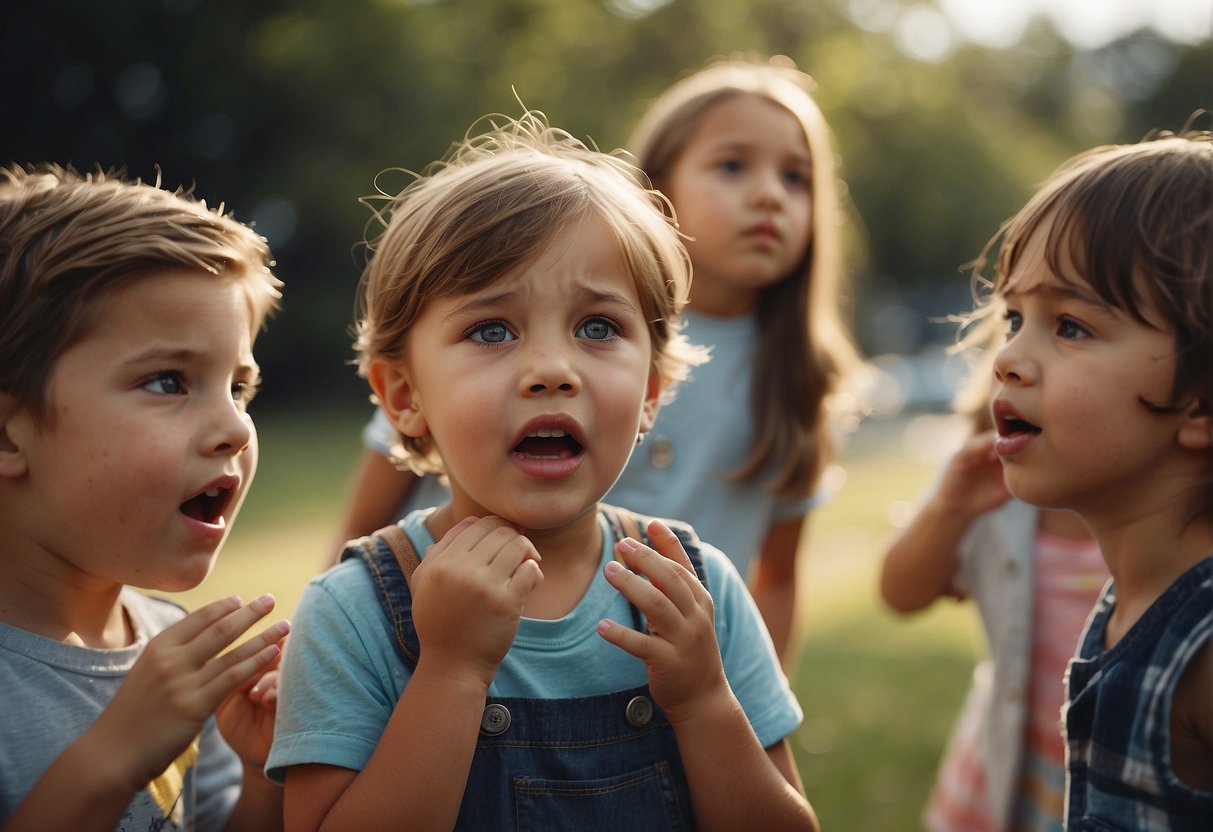 A group of children playing outside, one child holding their mouth in discomfort while others look concerned