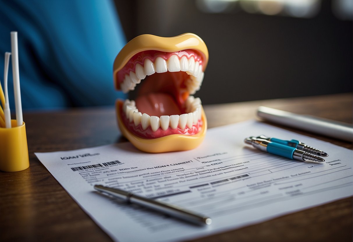 A child's mouth with dental tools and a cost reimbursement form for palate expansion