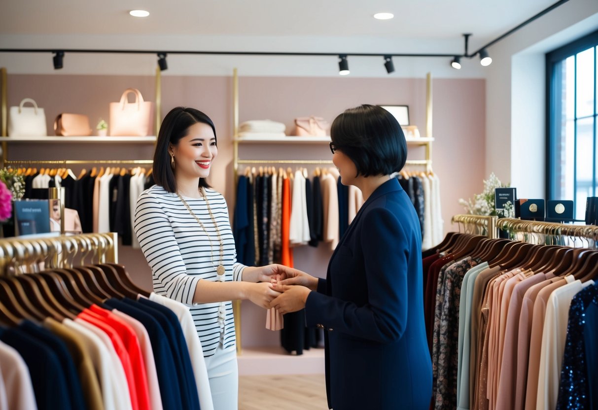 Ein stilvolles Boutique mit Regalen voller Kleidung und Accessoires für Frauen, mit einer persönlichen Einkaufsassistentin, die einer Kundin hilft.