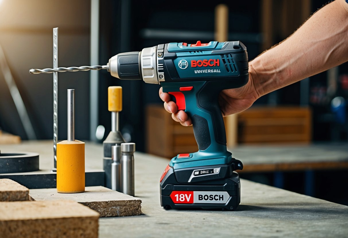 Ein Bosch 18V Universalbohrer wird in einer Werkstattumgebung an verschiedenen Materialien und Oberflächen getestet.