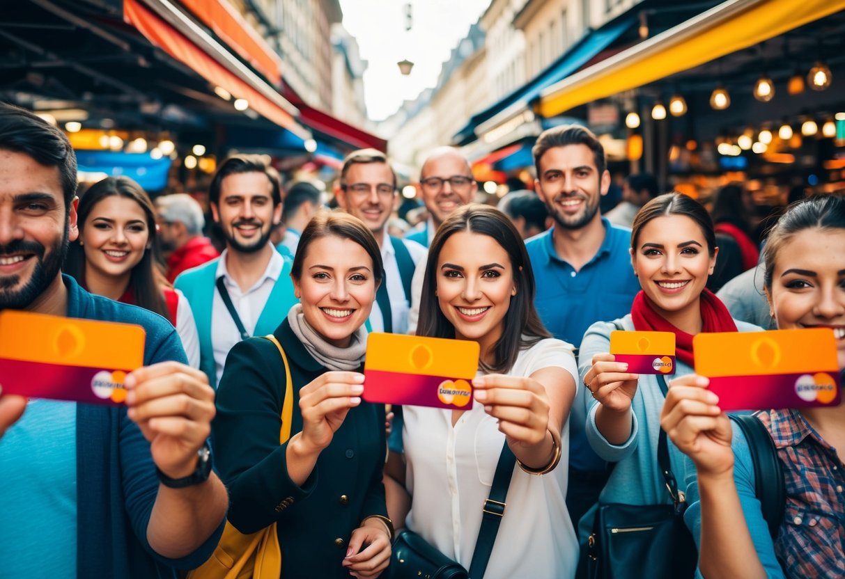 Ein bunter, überfüllter Marktplatz mit verschiedenen Anbietern und aufgeregten Kunden, die GermanyCard Treuekarten halten.