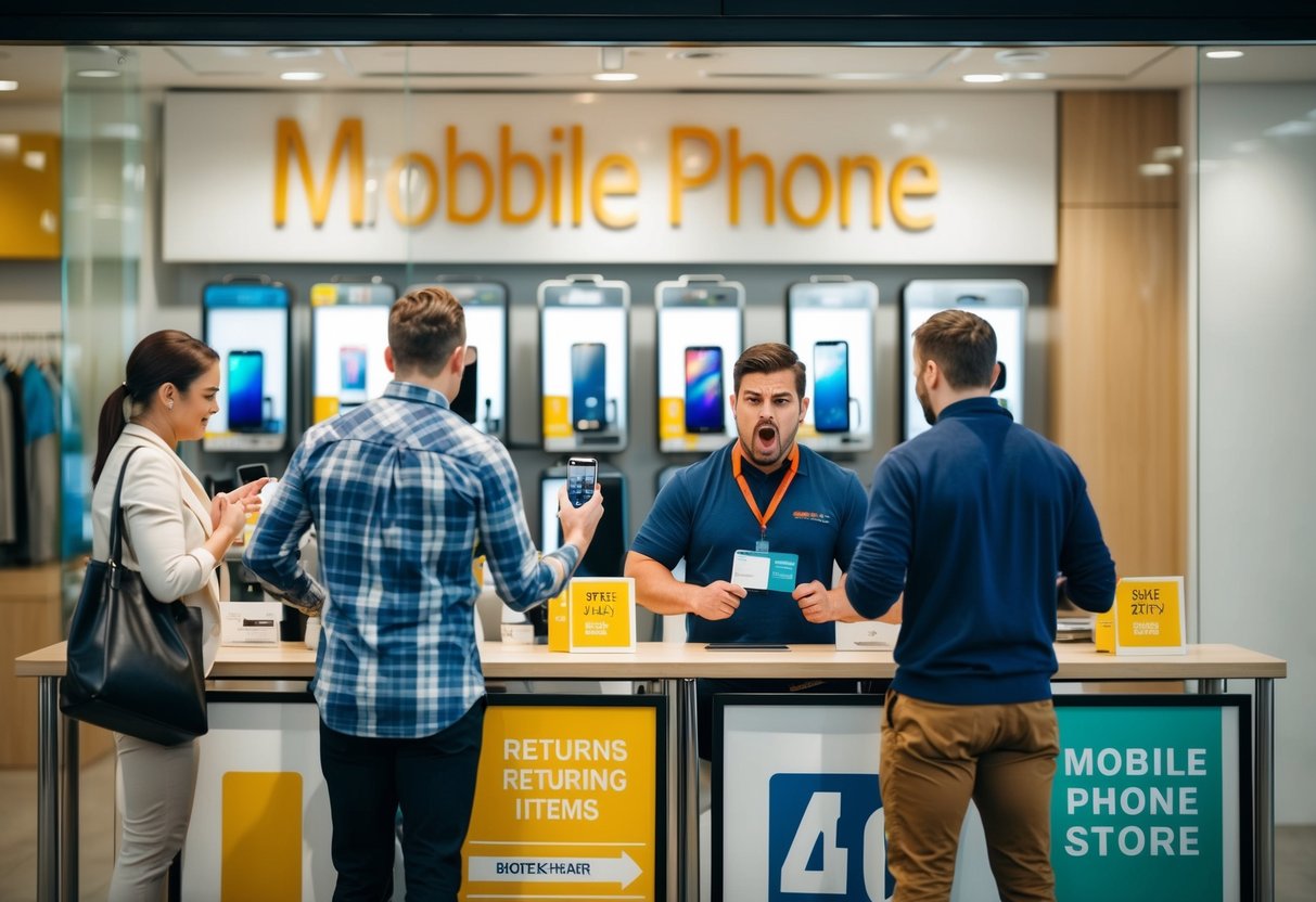 Ein Mobiltelefonladen mit Kunden, die Artikel zurückgeben, einem frustrierten Mitarbeiter und einem Schild mit dem Namen des Unternehmens.