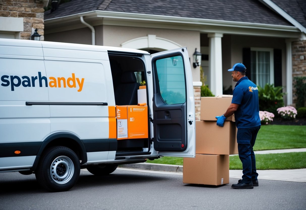 Ein Lieferwagen steht vor einem Haus, mit einem Sparhandy-Logo an der Seite, ein Lieferant entlädt ein Paket.